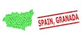 Grunge Spain, Granada Stamp Imitation and Green Men and Dollar Mosaic Map of Leon Province