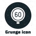 Grunge Speed limit traffic sign 60 km icon isolated on white background. Monochrome vintage drawing. Vector