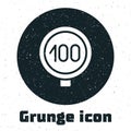 Grunge Speed limit traffic sign 100 km icon isolated on white background. Monochrome vintage drawing. Vector