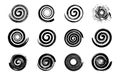 Grunge spirals. Swirl twirl abstract simple rotating spiral, black ink brush circles, hypnotic elements, twisted