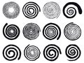 Grunge spirals. Swirling abstract simple rotating spirals, black ink spiral circles isolated vector illustration set