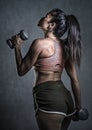 Grunge sport advertising style portrait of young athletic woman with strong back and fit body holding dumbbells in fitness trainin Royalty Free Stock Photo