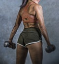 Grunge sport advertising style portrait of young athletic woman with strong back and fit body holding dumbbells in fitness trainin Royalty Free Stock Photo