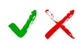 Grunge sqare checkmark box. Yes or no check mark. Red and green vector checkbox