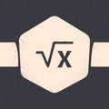 Grunge Square root of x glyph icon isolated on grey background. Mathematical expression. Monochrome vintage drawing