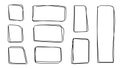Grunge square set, hand-drawn encircle rectangle highlight elements. Sketchy important marker accentuation,doodle frame design. Royalty Free Stock Photo