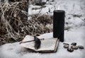 Grunge still life with black candle, open witch diary of spells, runes in snow