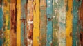 old and distressed cracked painted fence panels in vibrant yellows and blues