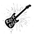 Vector Illustration of black vintage grunge label with guitar and text rock and roll.