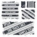 Grunge text tire tracks dark frames set Royalty Free Stock Photo