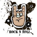 Grunge texture background , text Rock n Roll. Hand palm. Rock symbol. Hand drawn vector illustration. Royalty Free Stock Photo