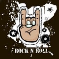 Grunge texture background , text Rock n Roll. Hand palm. Rock symbol. Hand drawn vector illustration. Royalty Free Stock Photo