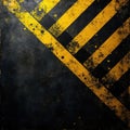 Grunge texture with diagonal yellow hazard stripes on black background. Abstract pattern with distressed splatters, rough surface Royalty Free Stock Photo