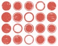 Grunge texture stamp. Rubber red circle stamps, distressed texture red vintage marks. Sale round stamps vector