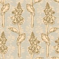 Grunge textured leaves background pattern. Hand drawn line leaves branches and blooming. Elegant wildflowers for