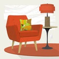 Grunge textured retro flower patternLiving room scene orange lounge chair and table lamp