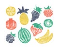 Grunge textured set of isolated fruits vector illustrations