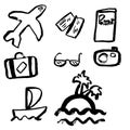 Grunge travel icons set. Hand drawn vector illustration. Royalty Free Stock Photo