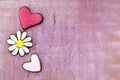 Grunge two hearts and daisies flower vintage background. Pastel background with gingerbread cookies in the shape of a heart and Royalty Free Stock Photo