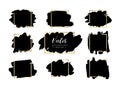 Grunge vector backgrounds set. Hand drawn brush spots with golden frames. Ink brush strokes, black paint spot textured Royalty Free Stock Photo