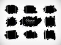 Grunge vector backgrounds set. Hand drawn brush spots with silver frames. Ink brush strokes, black paint spot textured Royalty Free Stock Photo