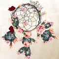 Grunge vector boho background with indian dreamcatcher and rose