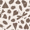 Grunge vector seamless pattern with vintage insects silhouette. Moth, butterfly, dragonfly, ant, ladybug.