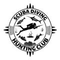 Grunge vintage diving label design with fishes and diver man in full equipment with spear fishing gun.