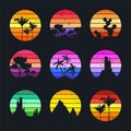 Grunge vintage sunset collection. Colorful striped sunrise badges in 80s and 90s style. Sun and ocean view, summer vibes