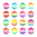 Grunge vintage sunset collection. Colorful striped sunrise badges in 80s and 90s style. Sun and ocean view, summer vibes