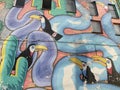 Grunge wall covered in graffiti, Toucan, snake