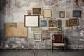 Grunge wall model with worn and aged empty frames in various shapes and sizes. Generative AI