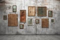 Grunge wall model with worn and aged empty frames in various shapes and sizes. Generative AI