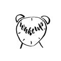 Grunge watercolor icon. Grunge alarm clock icon. Wake up lettering. Modern brush vector illustration.