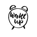 Grunge watercolor icon. Grunge alarm clock icon. Wake up lettering. Modern brush vector illustration.