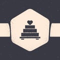 Grunge Wedding cake with heart icon isolated on grey background. Monochrome vintage drawing. Vector