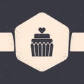 Grunge Wedding cake with heart icon isolated on grey background. Monochrome vintage drawing. Vector