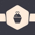 Grunge Wedding cake with heart icon isolated on grey background. Monochrome vintage drawing. Vector.