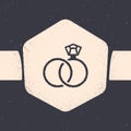 Grunge Wedding rings icon isolated on grey background. Bride and groom jewelry sign. Marriage symbol. Diamond ring