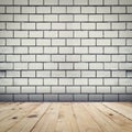 Grunge white brick wall background and wood floor perspective room interior. Royalty Free Stock Photo