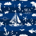 Grunge white stamp print sailboat, anchor, fishes, seagull on navy blue background seamless pattern, vector Royalty Free Stock Photo