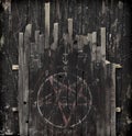 Grunge wooden background with pentagram and mystic symbols