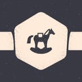 Grunge Wooden Horse In Saddle Swing For Little Children Icon Isolated On Grey Background. Monochrome Vintage Drawing