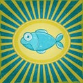 Grunge Yellow Blue Radial Striped Card with Cyan Fish Royalty Free Stock Photo