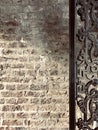Grungy brick and metal ironwork background wall texture art