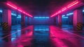 Grungy dark parking with red neon light, abstract underground garage background. Theme of modern concrete warehouse, interior, Royalty Free Stock Photo