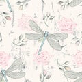 Grungy floral seamless pattern with dragonflies Royalty Free Stock Photo