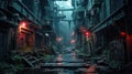 Grungy gloomy street in dystopian city, dirty dark wet alley in rain Royalty Free Stock Photo