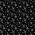 Grungy hand drawn seamless pattern. Spirals, stars, hearts and dots on a black background.