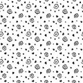 Grungy hand drawn seamless pattern. Spirals, stars, hearts and dots isolated on a white background. Royalty Free Stock Photo